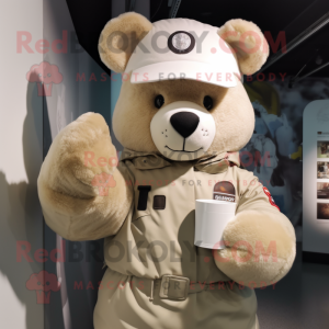 Cream Bear mascot costume character dressed with a Parka and Beanies