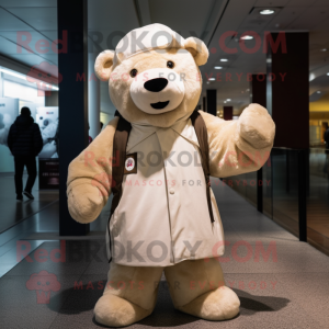 Cream Bear mascot costume character dressed with a Parka and Beanies