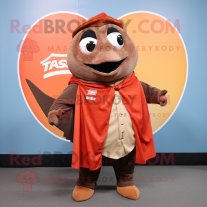 Rust Tuna mascot costume character dressed with a Vest and Shawl pins