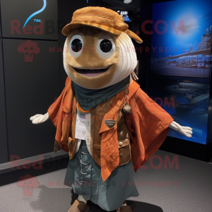 Rust Tuna mascot costume character dressed with a Vest and Shawl pins