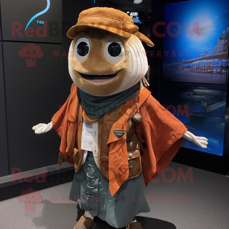 Rust Tuna mascot costume character dressed with a Vest and Shawl pins Rust Tuna mascot costume character dressed with a Vest and Shawl pins