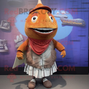 Rust Tuna mascot costume character dressed with a Vest and Shawl pins