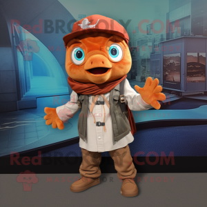 Rust Tuna mascot costume character dressed with a Vest and Shawl pins