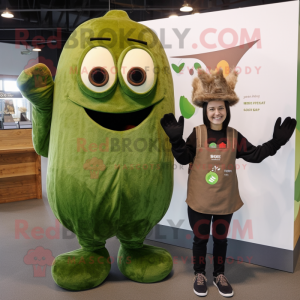 Olive Pepper mascot costume character dressed with a Henley Tee and Mittens