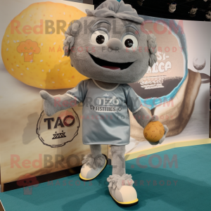 Gray Tacos mascot costume character dressed with a Rugby Shirt and Shoe laces