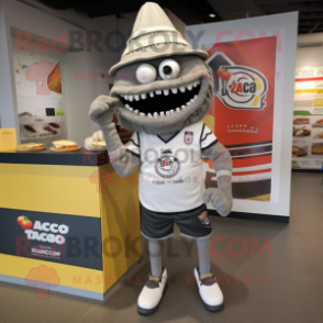 Gray Tacos mascot costume character dressed with a Rugby Shirt and Shoe laces