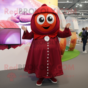 Maroon Shakshuka mascot costume character dressed with a Blouse and Beanies