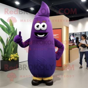 nan Eggplant mascot costume character dressed with a Bootcut Jeans and Bracelet watches