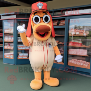 Peach Hot Dog mascot costume character dressed with a Baseball Tee and Reading glasses