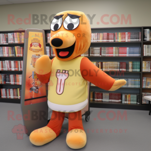 Peach Hot Dog mascot costume character dressed with a Baseball Tee and Reading glasses