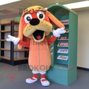Peach Hot Dog mascot costume character dressed with a Baseball Tee and Reading glasses