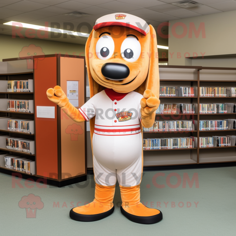 Peach Hot Dog mascot costume character dressed with a Baseball Tee and Reading glasses Peach Hot Dog mascot costume character dressed with a Baseball Tee and Reading glasses