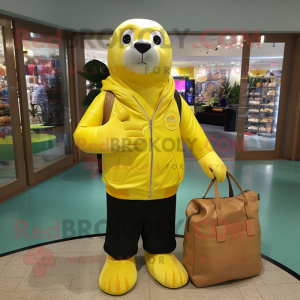 Lemon Yellow Sea Lion mascot costume character dressed with a Leather Jacket and Tote bags