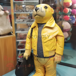Lemon Yellow Sea Lion mascot costume character dressed with a Leather Jacket and Tote bags