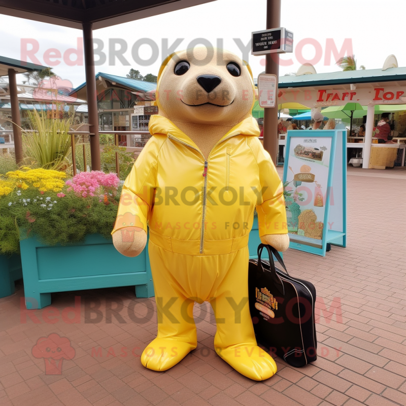 Lemon Yellow Sea Lion mascot costume character dressed with a Leather Jacket and Tote bags