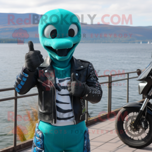 Cyan Loch Ness Monster mascot costume character dressed with a Biker Jacket and Rings