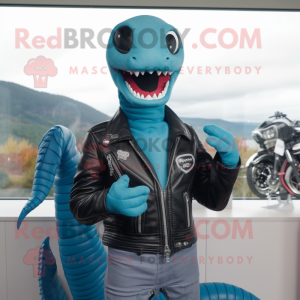 Cyan Loch Ness Monster mascot costume character dressed with a Biker Jacket and Rings