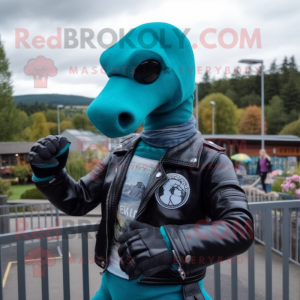 Cyan Loch Ness Monster mascot costume character dressed with a Biker Jacket and Rings