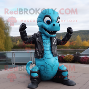 Cyan Loch Ness Monster mascot costume character dressed with a Biker Jacket and Rings