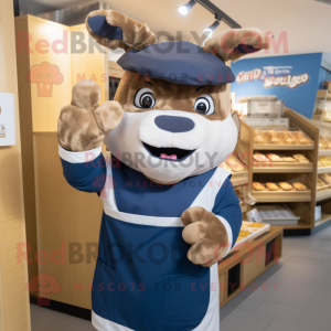 Navy Beef Wellington mascot costume character dressed with a Chinos and Headbands