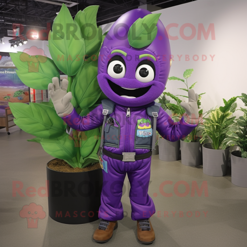 Purple Beanstalk mascot costume character dressed with a Moto Jacket and Gloves Purple Beanstalk mascot costume character dressed with a Moto Jacket and Gloves