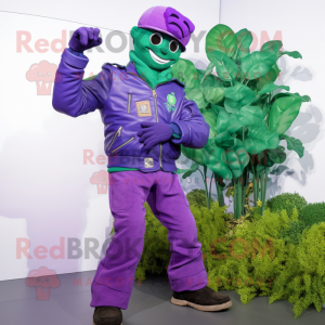 Purple Beanstalk mascot costume character dressed with a Moto Jacket and Gloves