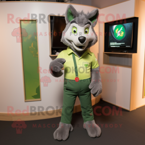 Green Wolf mascot costume character dressed with a Chinos and Anklets