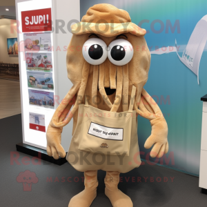 Beige Fried Calamari mascot costume character dressed with a Shorts and Tote bags