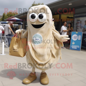 Beige Fried Calamari mascot costume character dressed with a Shorts and Tote bags