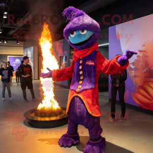 Purple Fire Eater mascot costume character dressed with a Bomber Jacket and Shawls