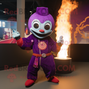 Purple Fire Eater mascot costume character dressed with a Bomber Jacket and Shawls