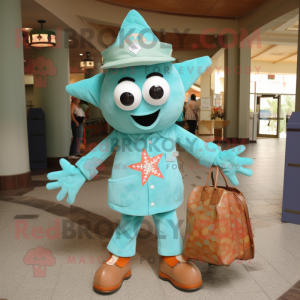 Turquoise Starfish mascot costume character dressed with a Button-Up Shirt and Handbags