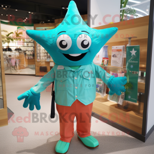 Turquoise Starfish mascot costume character dressed with a Button-Up Shirt and Handbags
