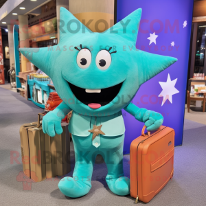 Turquoise Starfish mascot costume character dressed with a Button-Up Shirt and Handbags
