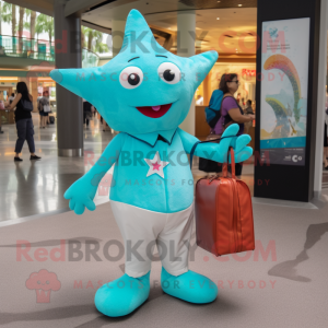 Turquoise Starfish mascot costume character dressed with a Button-Up Shirt and Handbags