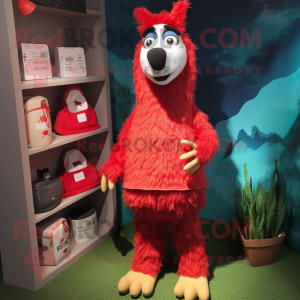 Red Llama mascot costume character dressed with a Bermuda Shorts and Shoe laces