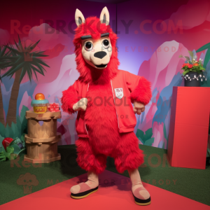 Red Llama mascot costume character dressed with a Bermuda Shorts and Shoe laces