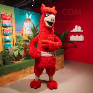 Red Llama mascot costume character dressed with a Bermuda Shorts and Shoe laces