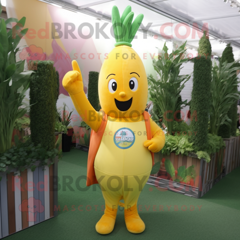 Yellow Carrot mascot costume character dressed with a Tank Top and Keychains Yellow Carrot mascot costume character dressed with a Tank Top and Keychains