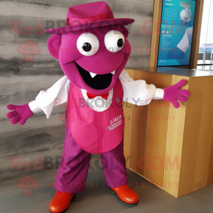 Magenta Ceviche mascot costume character dressed with a Dungarees and Bow ties