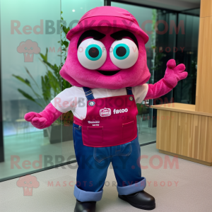 Magenta Ceviche mascot costume character dressed with a Dungarees and Bow ties