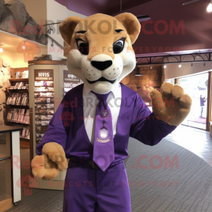 Purple Mountain Lion mascot costume character dressed with a Dress Shirt and Hairpins
