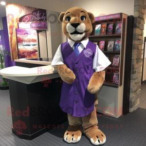 Purple Mountain Lion mascot costume character dressed with a Dress Shirt and Hairpins