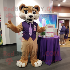 Purple Mountain Lion mascot costume character dressed with a Dress Shirt and Hairpins