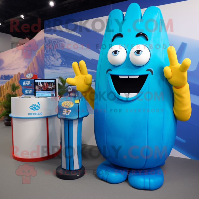 Blue French Fries mascot costume character dressed with a Rash Guard and Watches Blue French Fries mascot costume character dressed with a Rash Guard and Watches