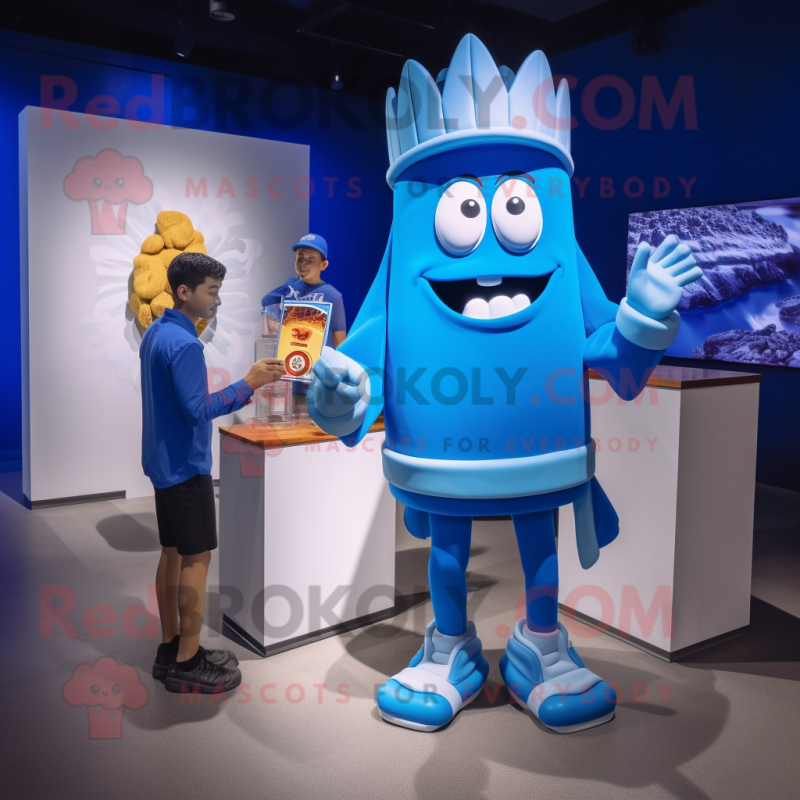 Blue French Fries mascot costume character dressed with a Rash Guard and Watches Blue French Fries mascot costume character dressed with a Rash Guard and Watches