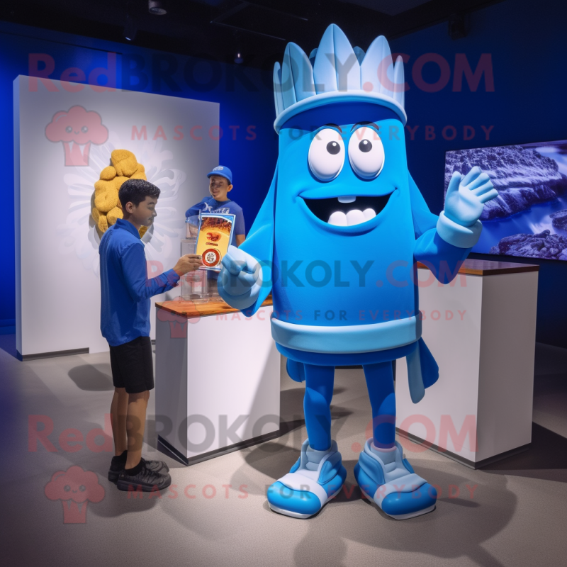 Blue French Fries mascot costume character dressed with a Rash Guard and Watches