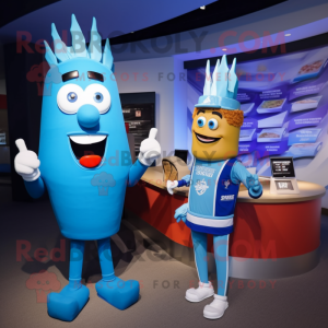 Blue French Fries mascot costume character dressed with a Rash Guard and Watches