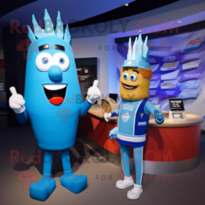 Blue French Fries mascot costume character dressed with a Rash Guard and Watches