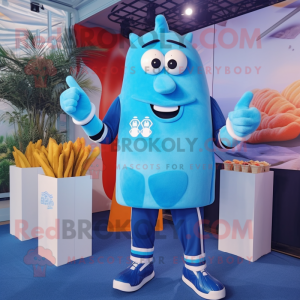 Blue French Fries mascot costume character dressed with a Rash Guard and Watches